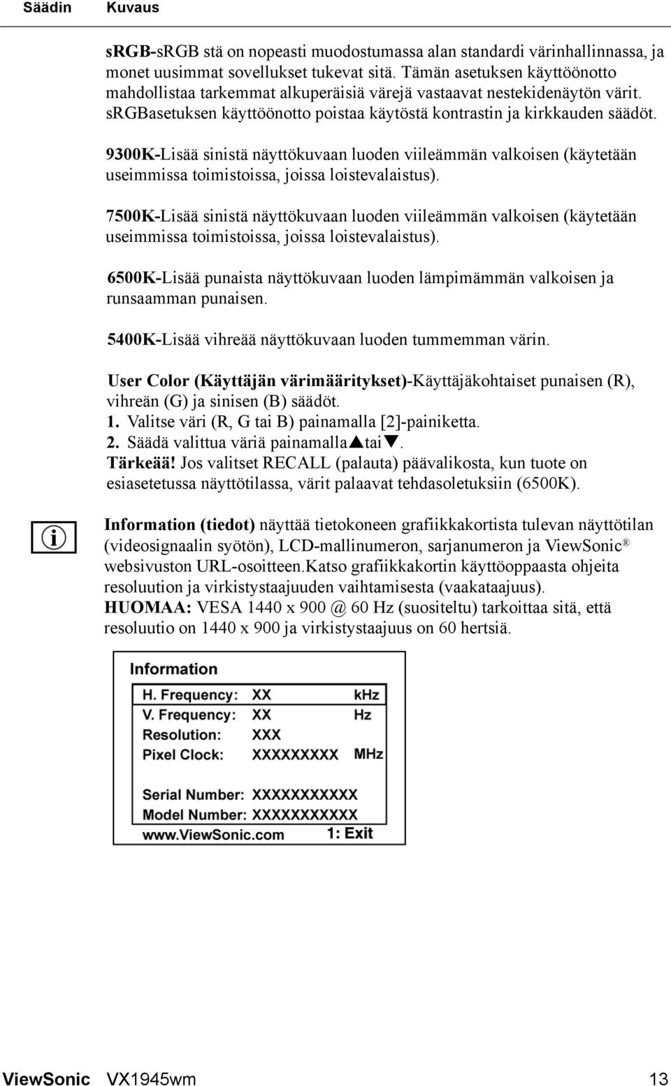 9300K-Lisää sinistä näyttökuvaan luoden viileämmän valkoisen (käytetään useimmissa toimistoissa, joissa loistevalaistus).