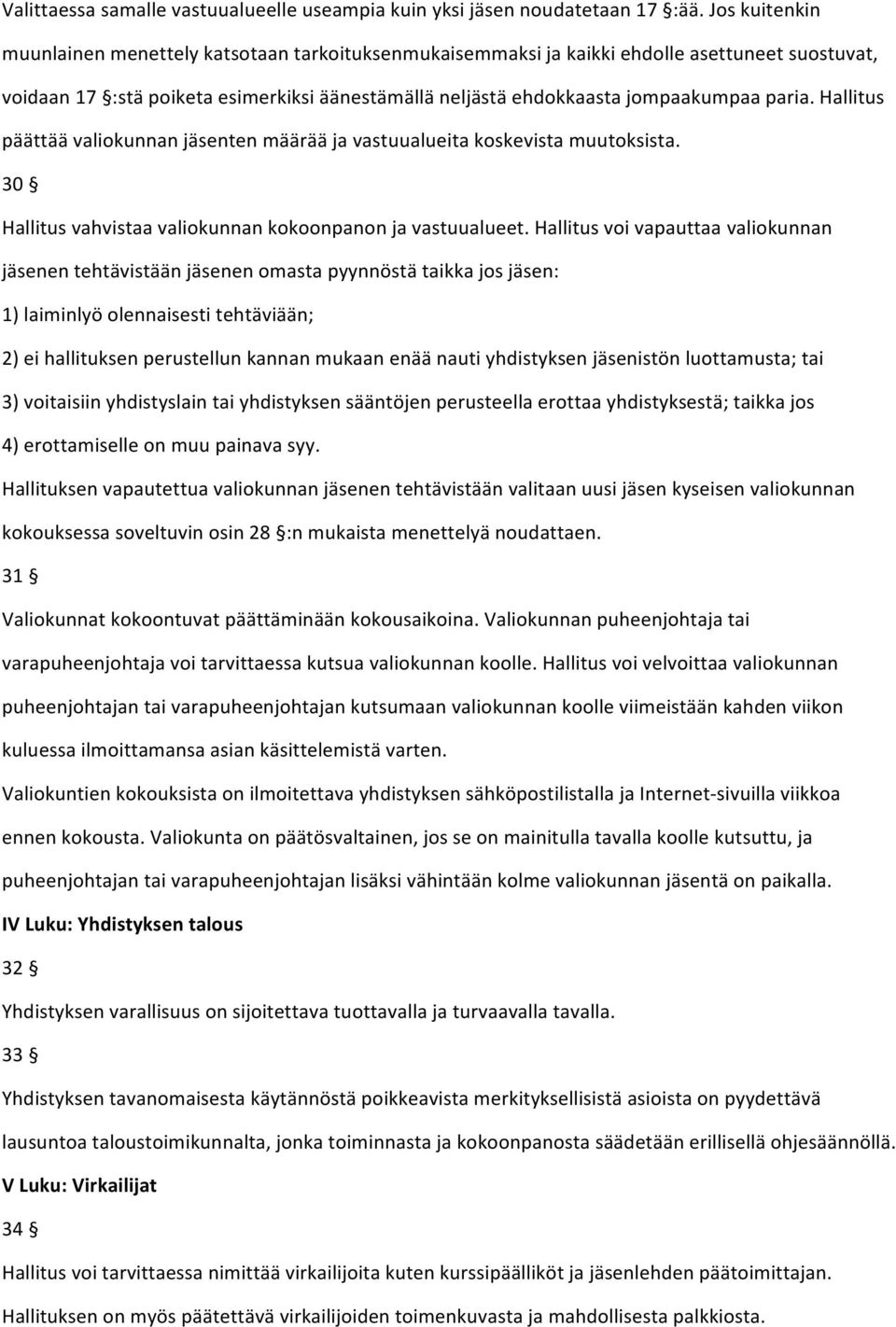 Hallitus päättää valiokunnan jäsenten määrää ja vastuualueita koskevista muutoksista. 30 Hallitus vahvistaa valiokunnan kokoonpanon ja vastuualueet.