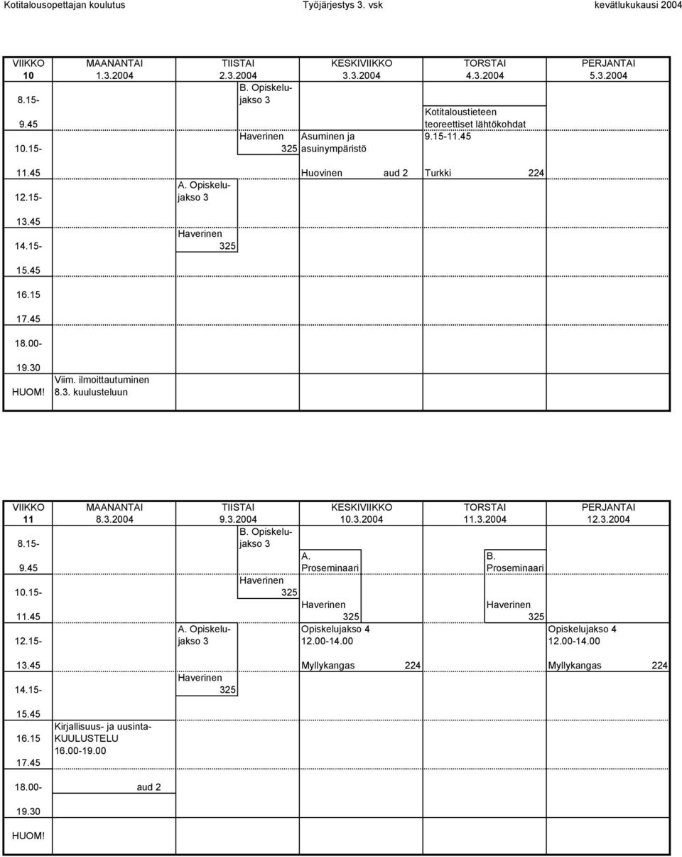 3.2004 B. Opiskelu- KESKI 10.3.2004 11.3.2004 12.3.2004 jakso 3 A. B. Proseminaari Proseminaari 10.15-325 325 325 A.