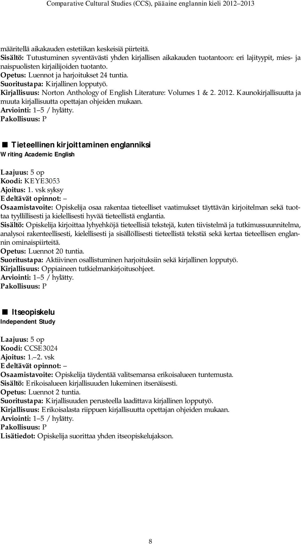 Kaunokirjallisuutta ja muuta kirjallisuutta opettajan ohjeiden mukaan. Tieteellinen kirjoittaminen englanniksi Writing Academic English Koodi: KEYE3053 Ajoitus: 1.