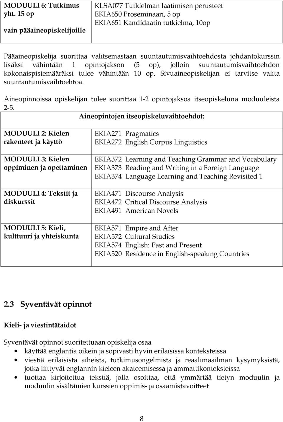 suuntautumisvaihtoehdosta johdantokurssin lisäksi vähintään 1 opintojakson (5 op), jolloin suuntautumisvaihtoehdon kokonaispistemääräksi tulee vähintään 10 op.