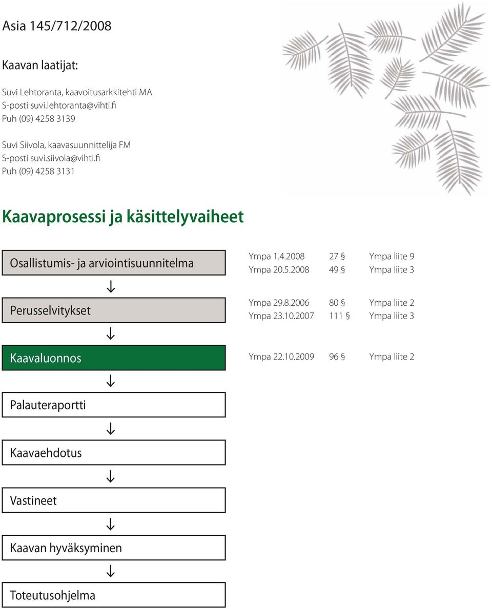 fi Puh (09) 4258 3131 Kaavaprosessi ja käsittelyvaiheet Osallistumis- ja arviointisuunnitelma Ympa 1.4.2008 27 Ympa liite 9 Ympa 20.5.2008 49 Ympa liite 3 Perusselvitykset Ympa 29.