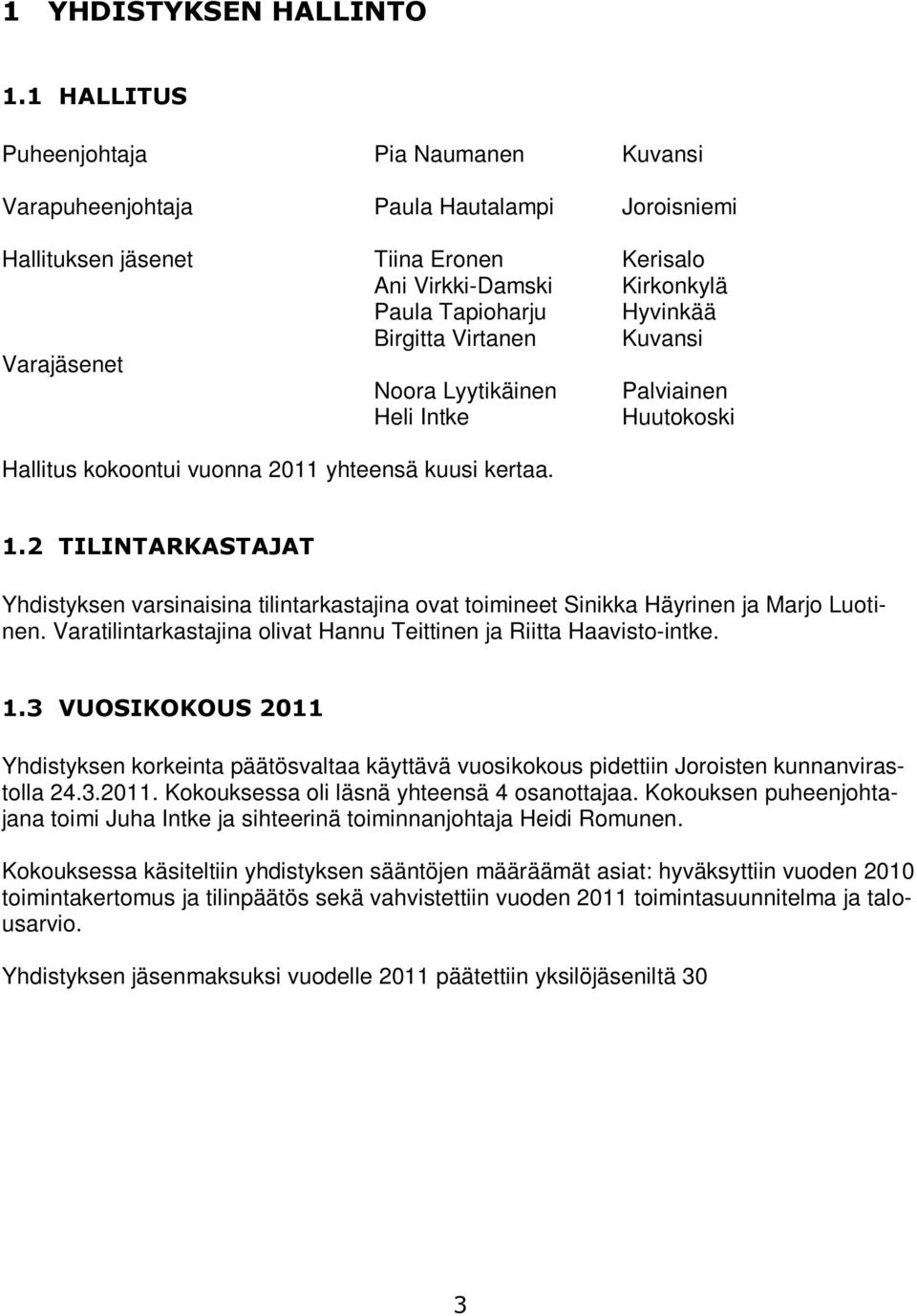 Virtanen Kuvansi Varajäsenet Noora Lyytikäinen Palviainen Heli Intke Huutokoski Hallitus kokoontui vuonna 2011 yhteensä kuusi kertaa. 1.