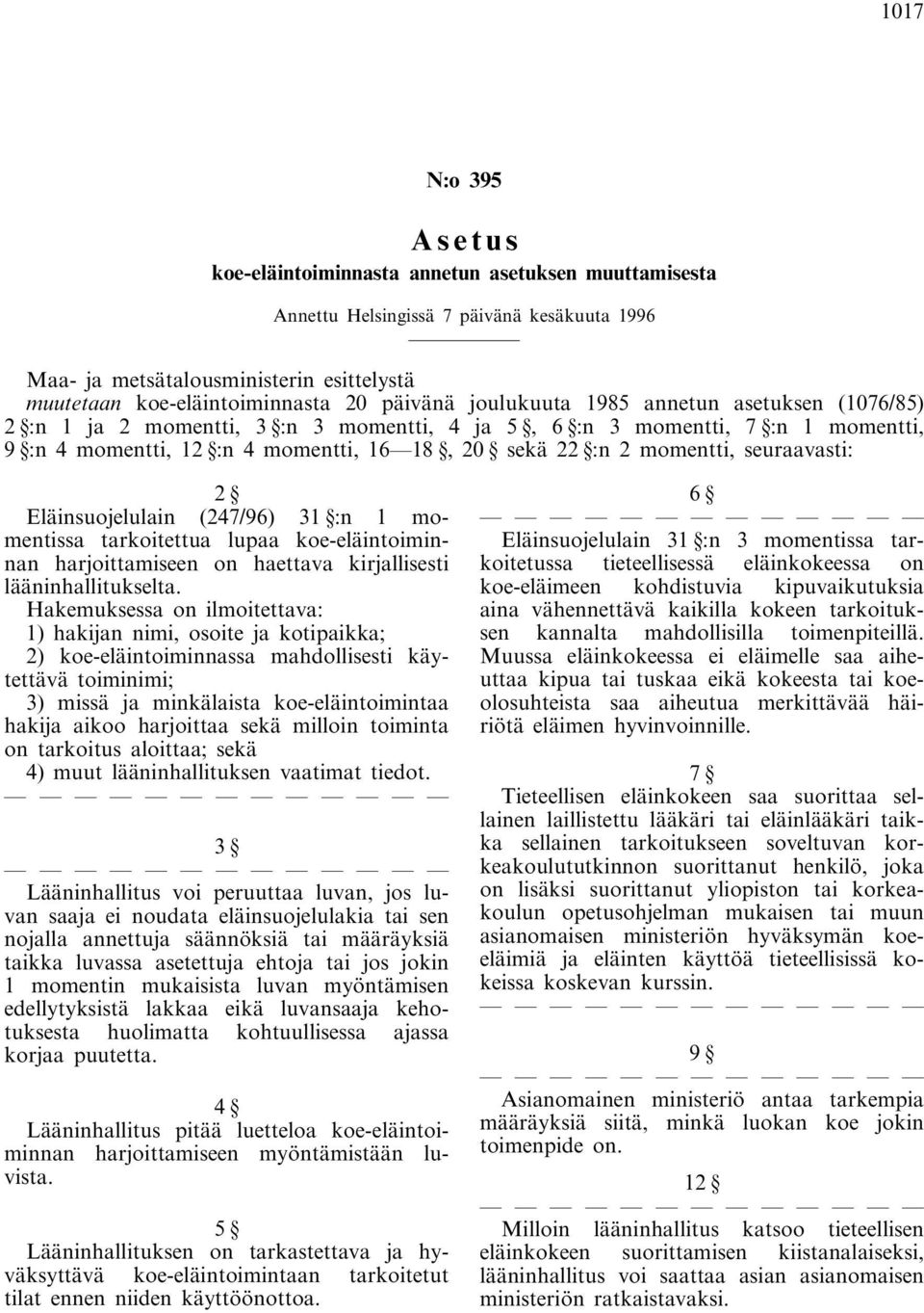 momentti, seuraavasti: 2 Eläinsuojelulain (247/96) 31 :n 1 momentissa tarkoitettua lupaa koe-eläintoiminnan harjoittamiseen on haettava kirjallisesti lääninhallitukselta.