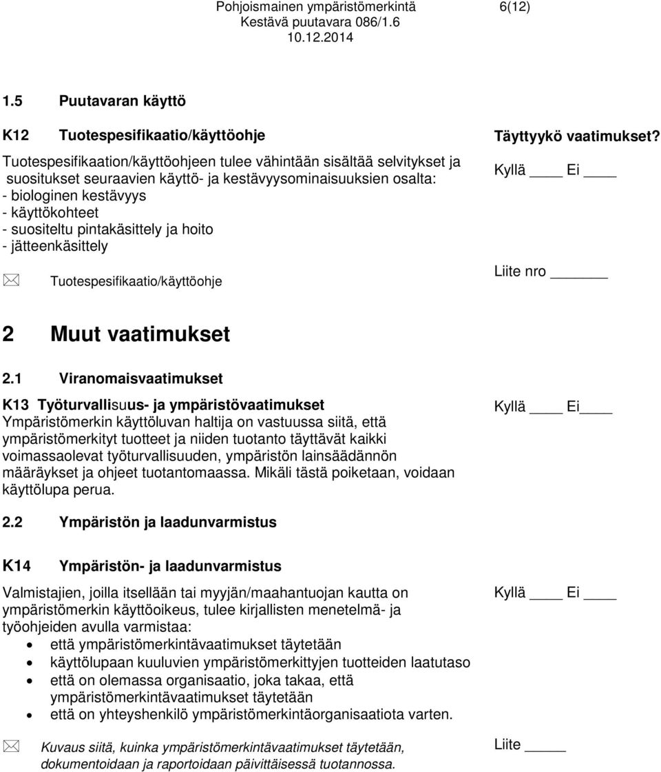 biologinen kestävyys - käyttökohteet - suositeltu pintakäsittely ja hoito - jätteenkäsittely Tuotespesifikaatio/käyttöohje Täyttyykö vaatimukset? 2 Muut vaatimukset 2.