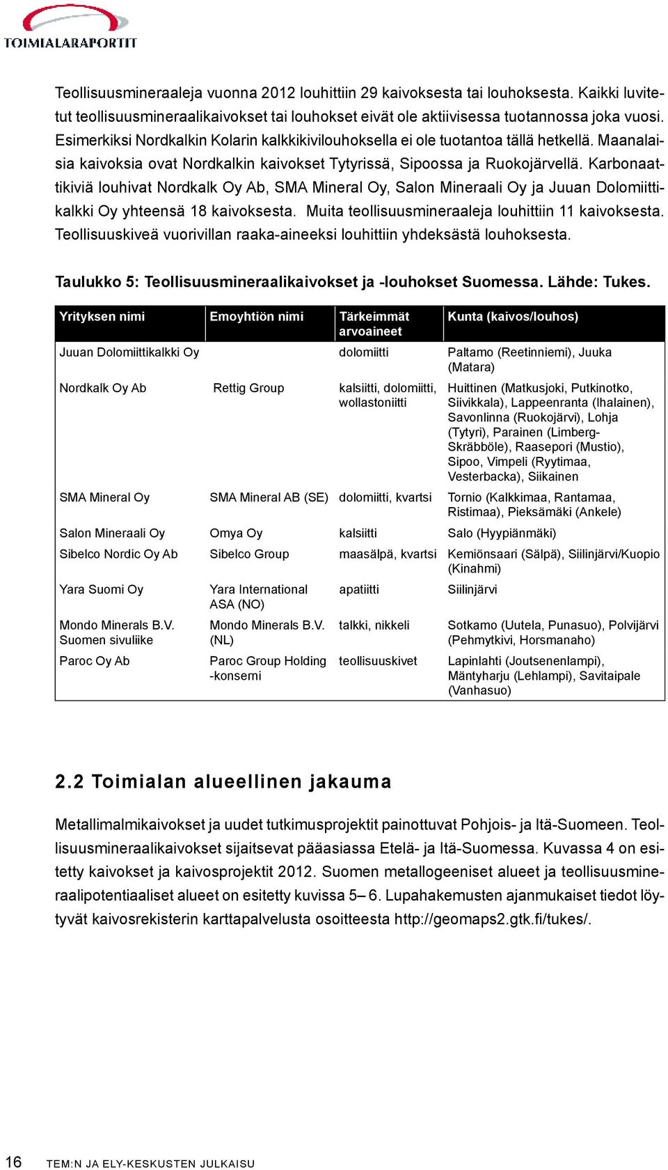 Karbonaattikiviä louhivat Nordkalk Oy Ab, SMA Mineral Oy, Salon Mineraali Oy ja Juuan Dolomiittikalkki Oy yhteensä 18 kaivoksesta. Muita teollisuusmineraaleja louhittiin 11 kaivoksesta.