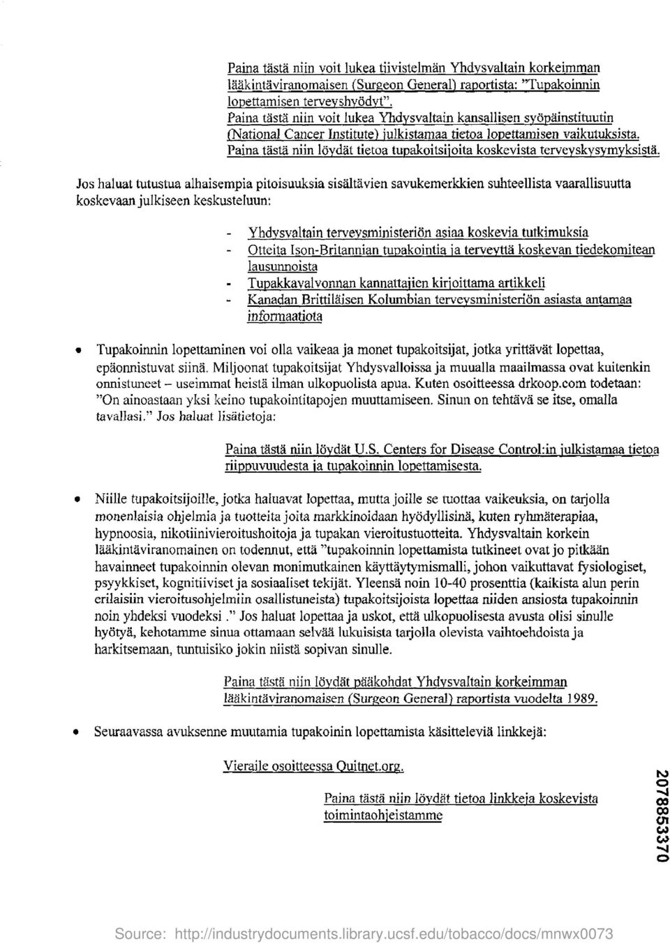 Paina tasta niin loydat tietoa tupakoitsiioita koskevista terveyskysymyksista.