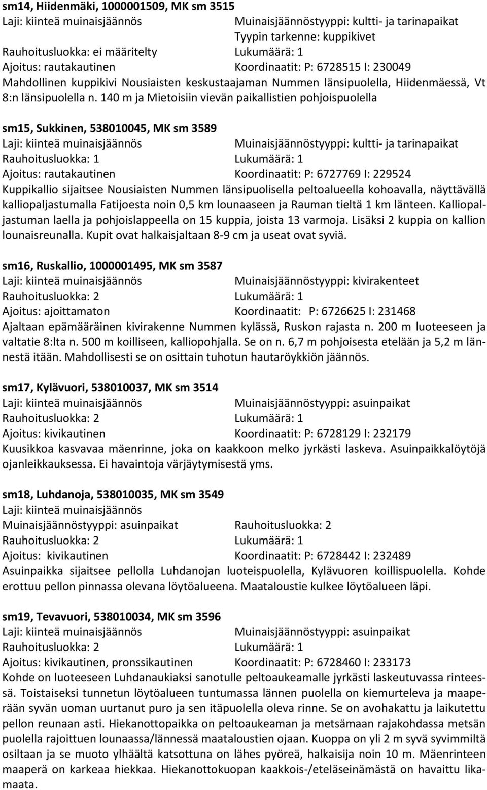 140 m ja Mietoisiin vievän paikallistien pohjoispuolella sm15, Sukkinen, 538010045, MK sm 3589 Ajoitus: rautakautinen Koordinaatit: P: 6727769 I: 229524 Kuppikallio sijaitsee Nousiaisten Nummen