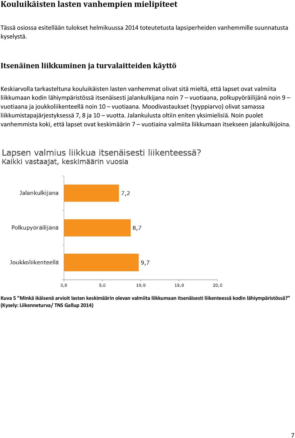 jalankulkijana noin 7 vuotiaana, polkupyöräilijänä noin 9 vuotiaana ja joukkoliikenteellä noin 10 vuotiaana. Moodivastaukset (tyyppiarvo) olivat samassa liikkumistapajärjestyksessä 7, 8 ja 10 vuotta.