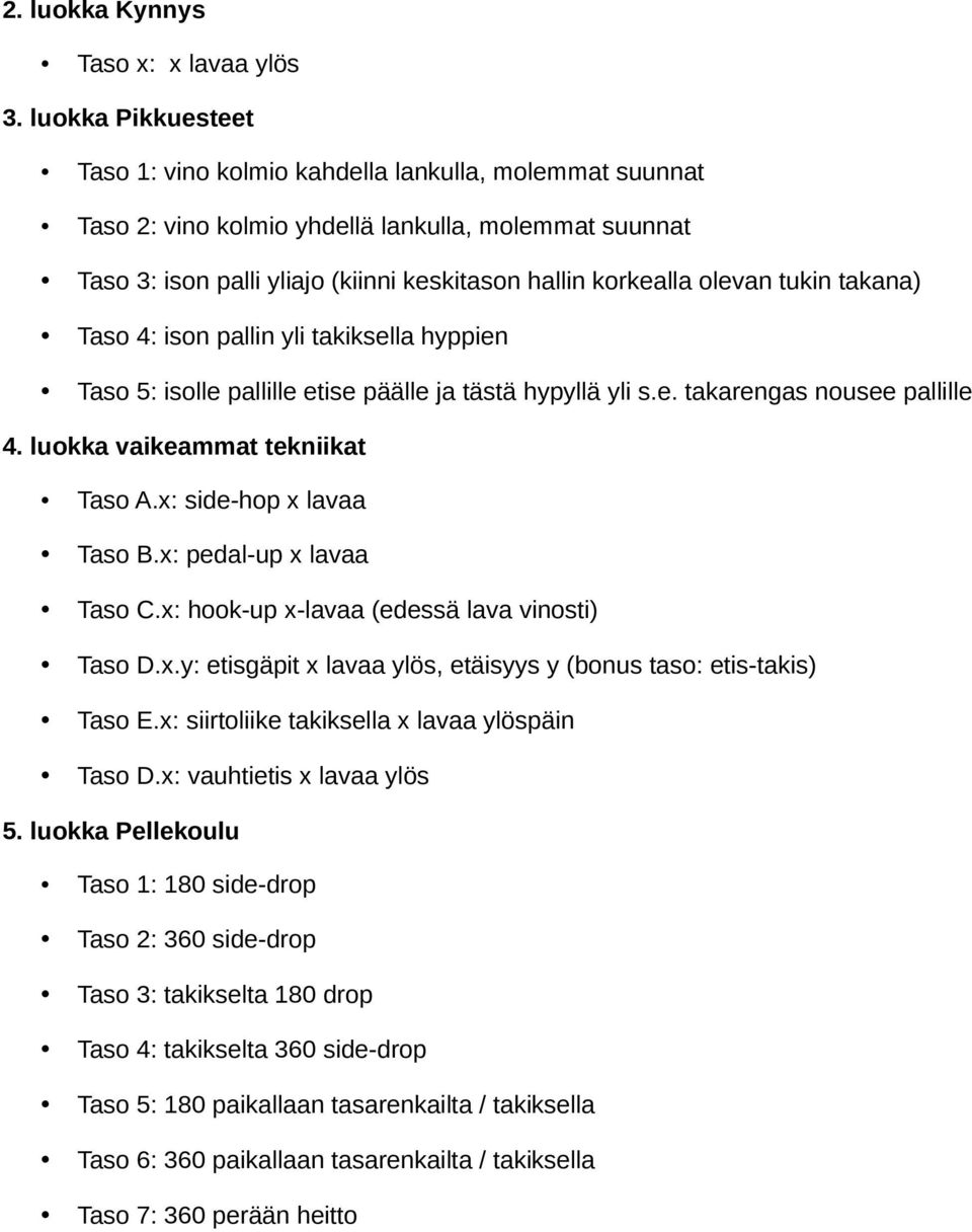 tukin takana) Taso 4: ison pallin yli takiksella hyppien Taso 5: isolle pallille etise päälle ja tästä hypyllä yli s.e. takarengas nousee pallille 4. luokka vaikeammat tekniikat Taso A.