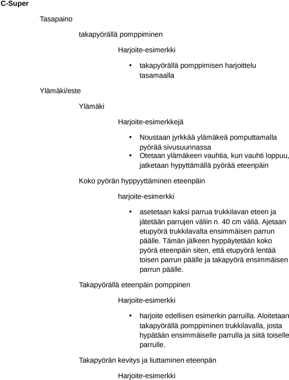 parrujen väliin n. 40 cm väliä. Ajetaan etupyörä trukkilavalta ensimmäisen parrun päälle.