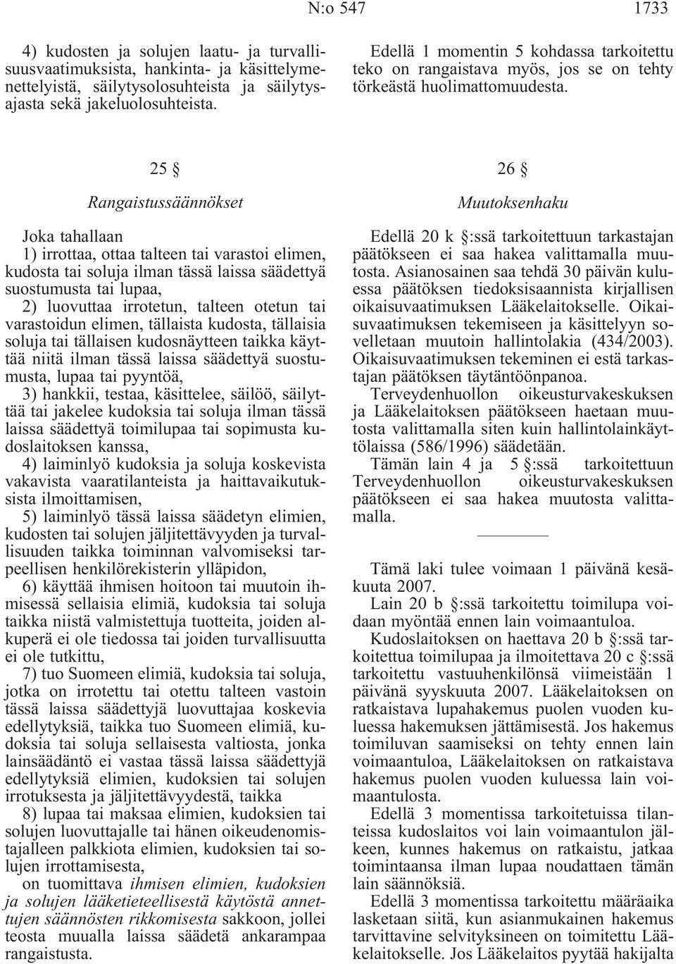 25 Rangaistussäännökset Joka tahallaan 1) irrottaa, ottaa talteen tai varastoi elimen, kudosta tai soluja ilman tässä laissa säädettyä suostumusta tai lupaa, 2) luovuttaa irrotetun, talteen otetun