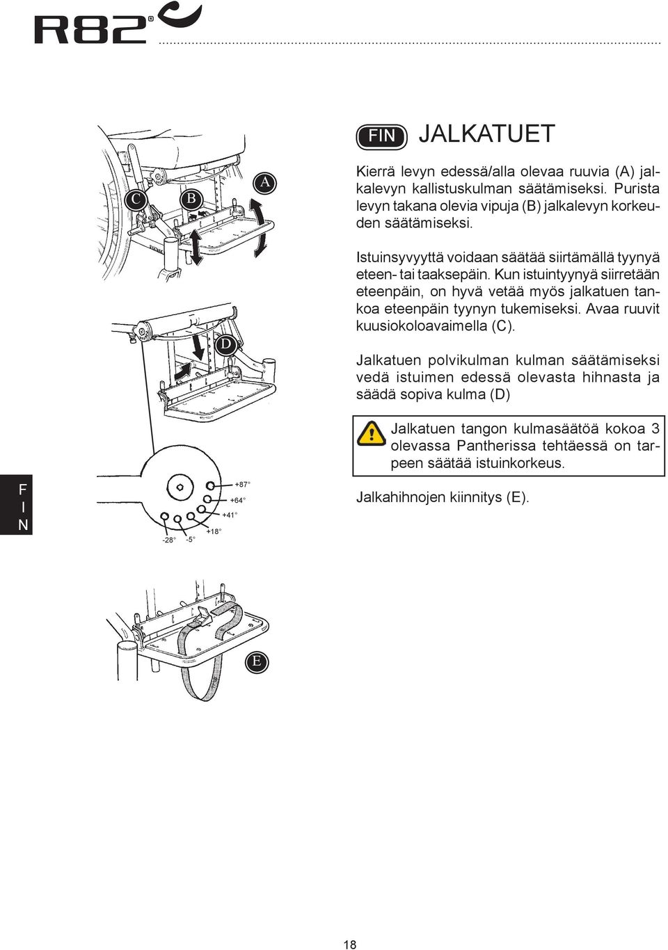 Kun istuintyynyä siirretään eteenpäin, on hyvä vetää myös jalkatuen tankoa eteenpäin tyynyn tukemiseksi. vaa ruuvit kuusiokoloavaimella (C).