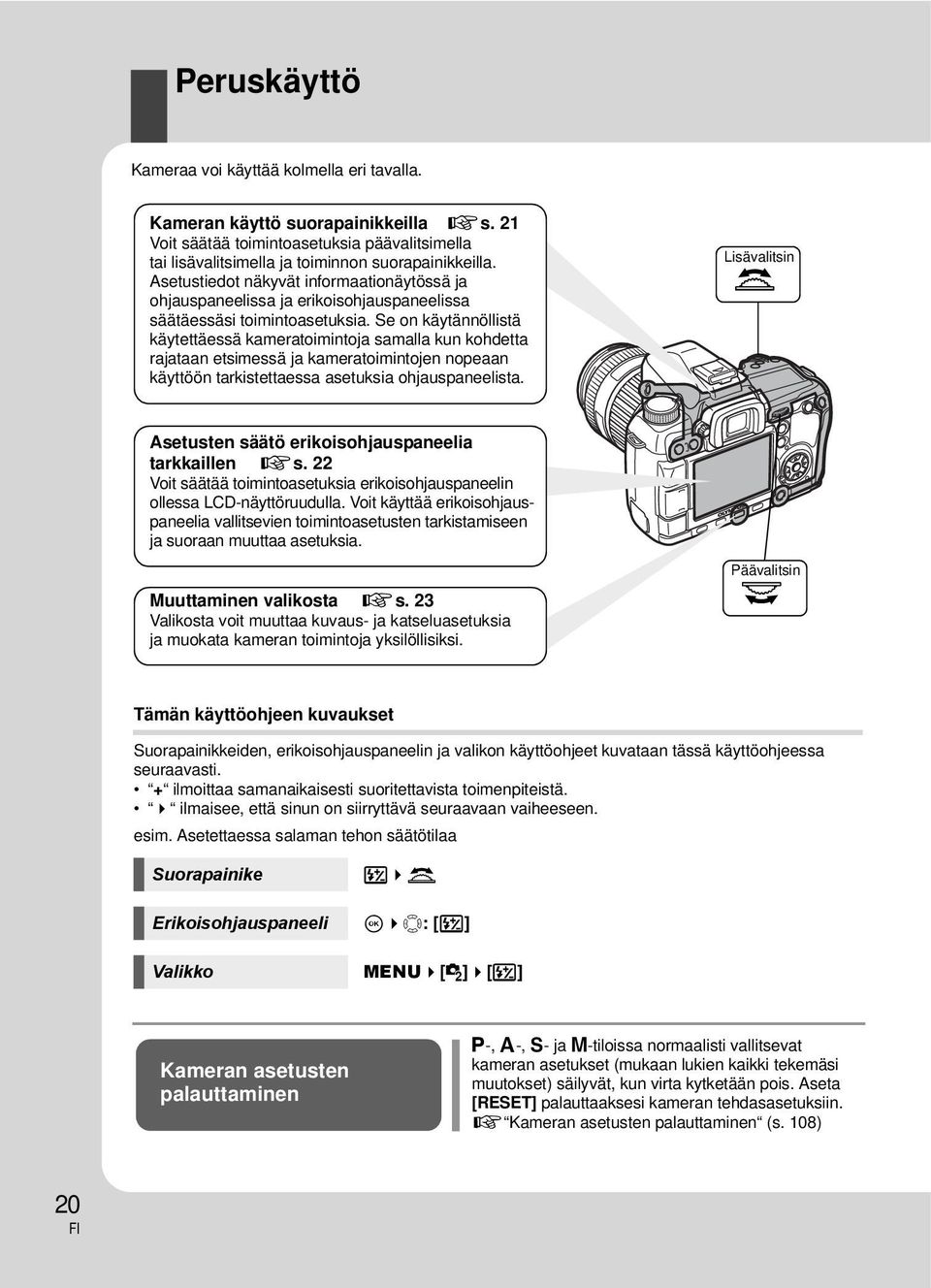 Se on käytännöllistä käytettäessä kameratoimintoja samalla kun kohdetta rajataan etsimessä ja kameratoimintojen nopeaan käyttöön tarkistettaessa asetuksia ohjauspaneelista.