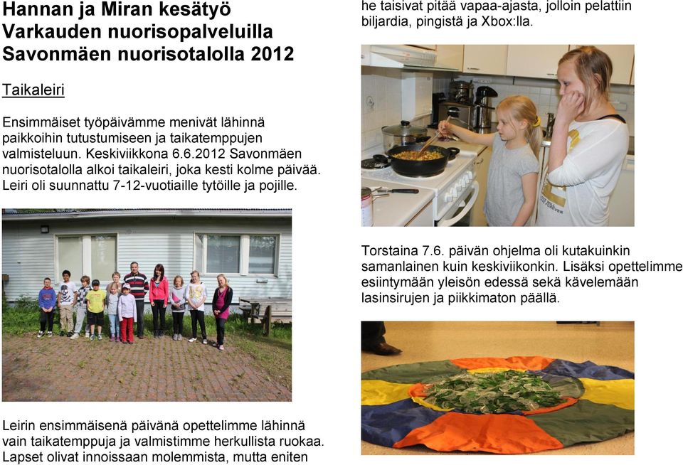 6.2012 Savonmäen nuorisotalolla alkoi taikaleiri, joka kesti kolme päivää. Leiri oli suunnattu 7-12-vuotiaille tytöille ja pojille. Torstaina 7.6. päivän ohjelma oli kutakuinkin samanlainen kuin keskiviikonkin.