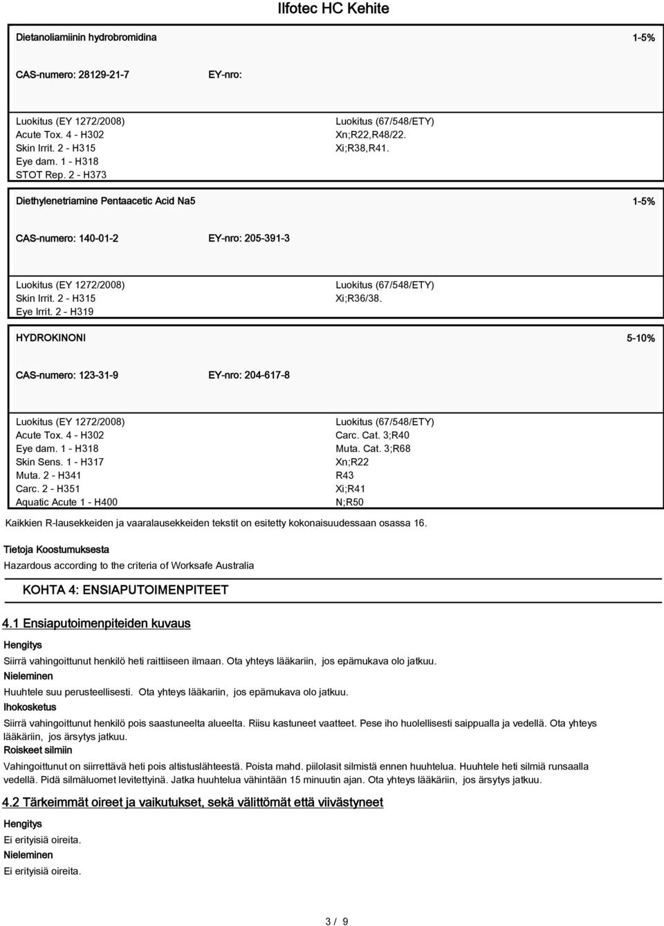 HYDROKINONI 5-10% CAS-numero: 123-31-9 EY-nro: 204-617-8 Eye dam. 1 - H318 Skin Sens. 1 - H317 Muta. 2 - H341 Carc. 2 - H351 Aquatic Acute 1 - H400 Carc. Cat.