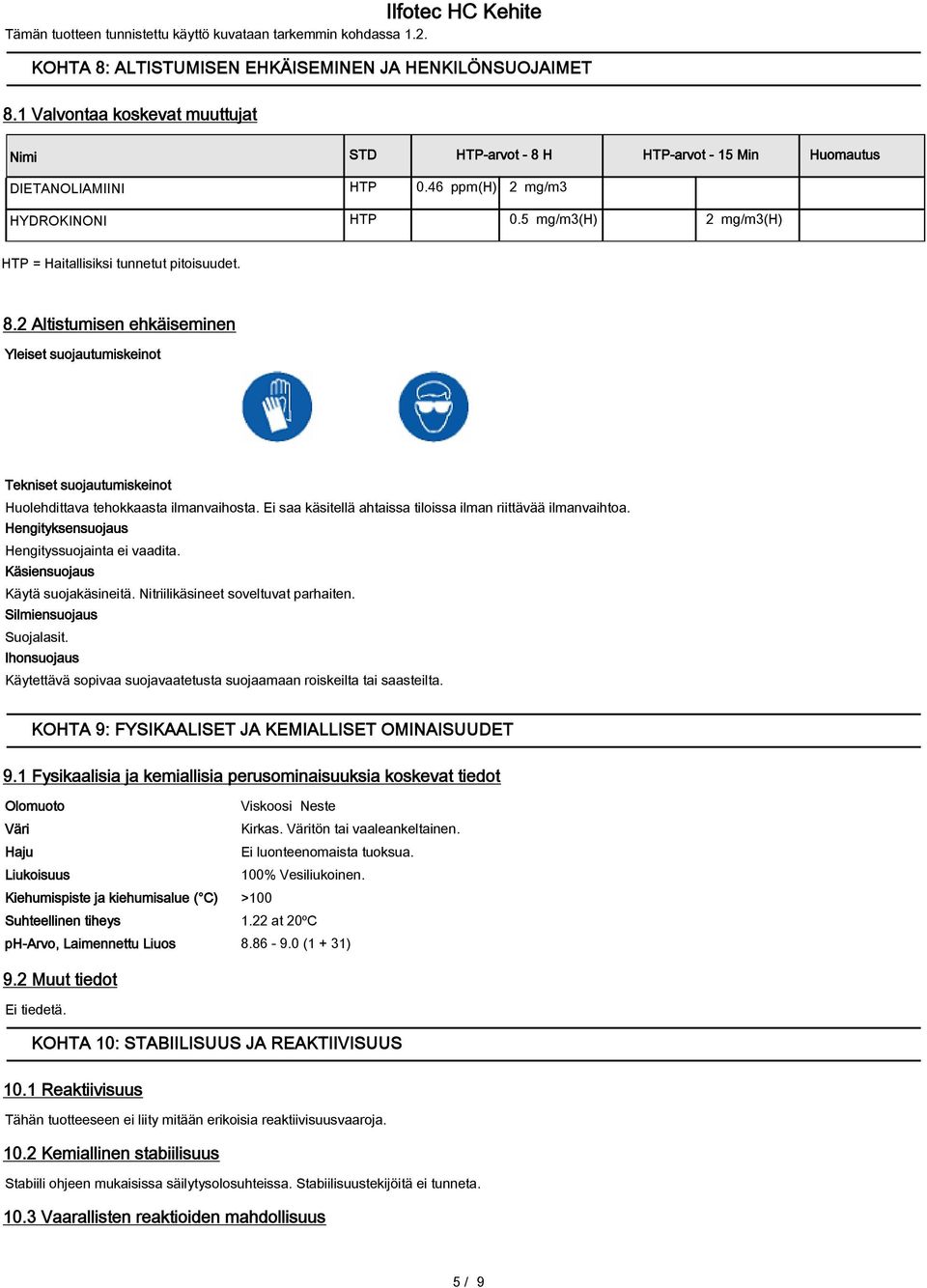 5 mg/m3(h) 2 mg/m3(h) HTP = Haitallisiksi tunnetut pitoisuudet. 8.2 Altistumisen ehkäiseminen Yleiset suojautumiskeinot Tekniset suojautumiskeinot Huolehdittava tehokkaasta ilmanvaihosta.