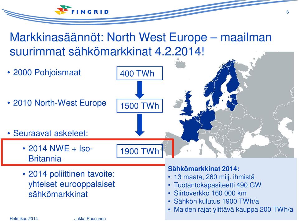 2014 poliittinen tavoite: yhteiset eurooppalaiset sähkömarkkinat 1900 TWh Sähkömarkkinat 2014: 13 maata,