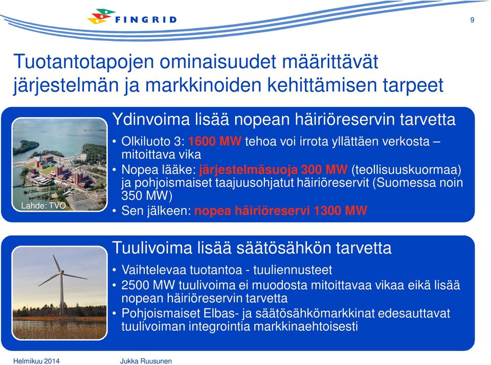 (Suomessa noin 350 MW) Sen jälkeen: nopea häiriöreservi 1300 MW Tuulivoima lisää säätösähkön tarvetta Vaihtelevaa tuotantoa - tuuliennusteet 2500 MW tuulivoima ei