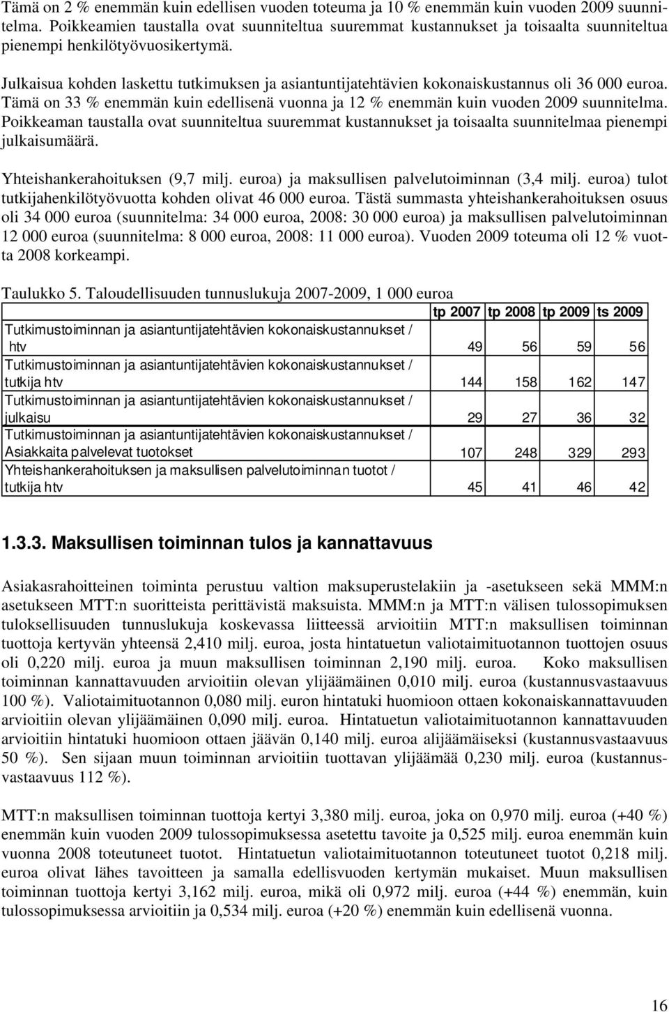 Julkaisua kohden laskettu tutkimuksen ja asiantuntijatehtävien kokonaiskustannus oli 36 000 euroa. Tämä on 33 % enemmän kuin edellisenä vuonna ja 12 % enemmän kuin vuoden 2009 suunnitelma.