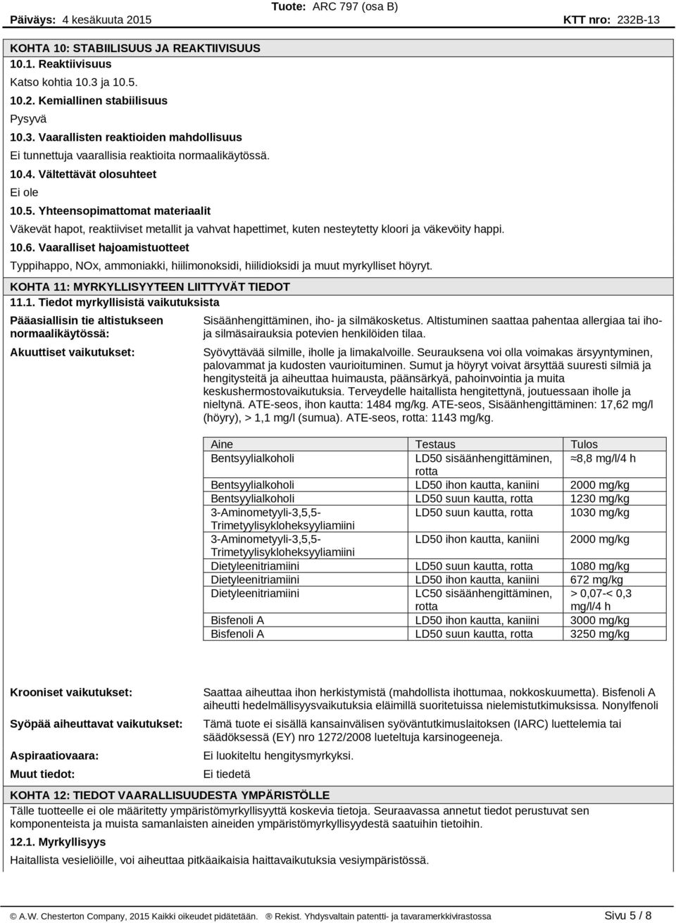 Vaaralliset hajoamistuotteet Typpihappo, NOx, ammoniakki, hiilimonoksidi, hiilidioksidi ja muut myrkylliset höyryt. KOHTA 11