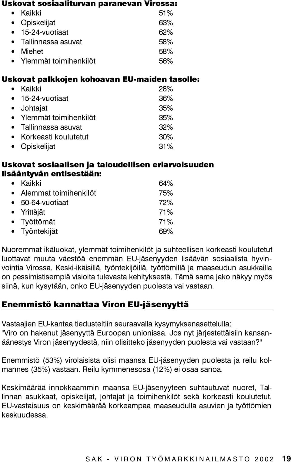 toimihenkilöt % --vuotiaat % Yrittäjät % Työttömät % Työntekijät % Nuoremmat ikäluokat, ylemmät toimihenkilöt ja suhteellisen korkeasti koulutetut luottavat muuta väestöä enemmän EU-jäsenyyden