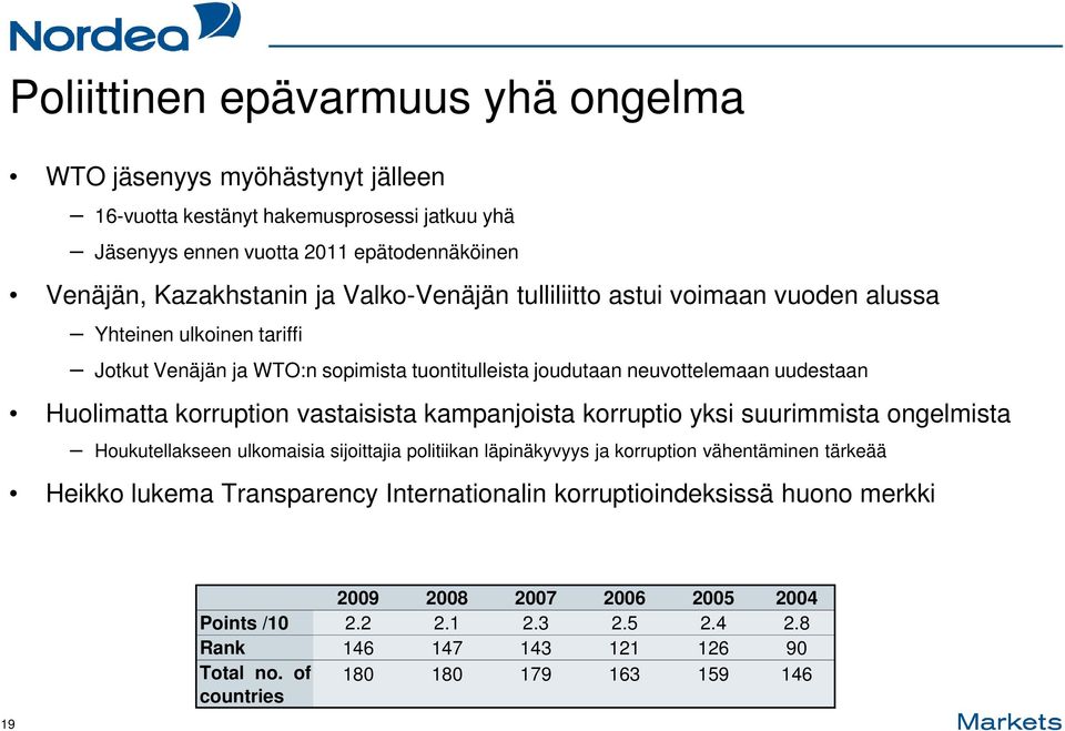 vastaisista kampanjoista korruptio yksi suurimmista ongelmista Houkutellakseen ulkomaisia sijoittajia politiikan läpinäkyvyys ja korruption vähentäminen tärkeää Heikko lukema Transparency