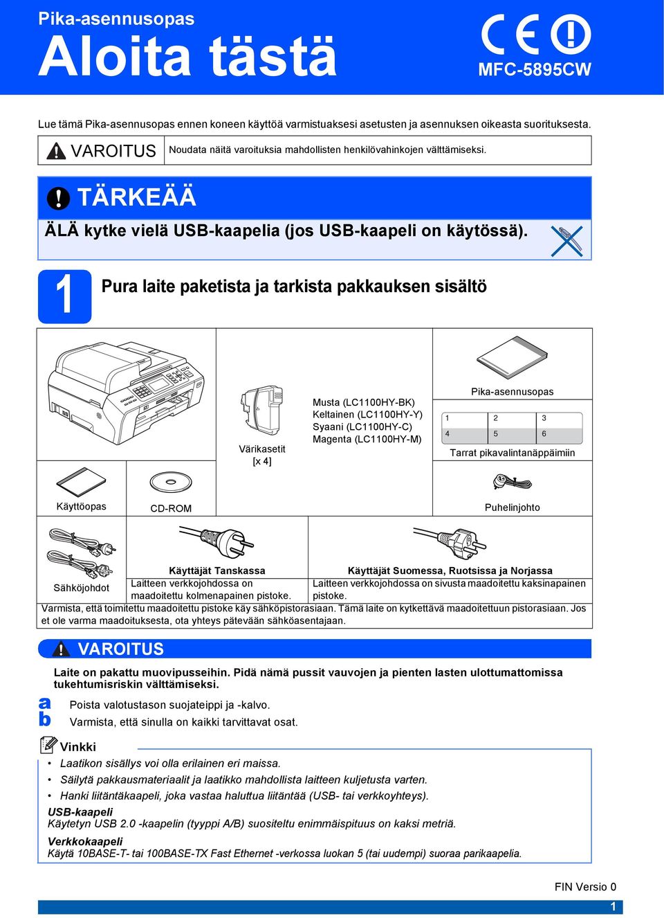 1 Pur lite pketist j trkist pkkuksen sisältö Väriksetit [x 4] Must (LC1100HY-BK) Keltinen (LC1100HY-Y) Syni (LC1100HY-C) Mgent (LC1100HY-M) Pik-sennusops Trrt pikvlintnäppäimiin Käyttöops CD-ROM