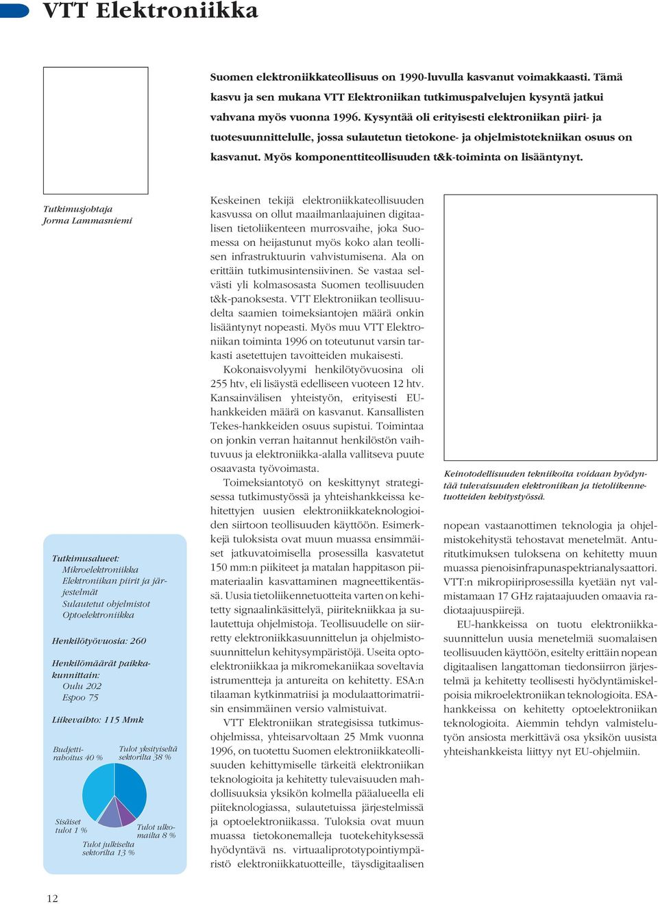 Tutkimusjohtaja Jorma Lammasniemi Tutkimusalueet: Mikroelektroniikka Elektroniikan piirit ja järjestelmät Sulautetut ohjelmistot Optoelektroniikka Henkilötyövuosia: 260 Henkilömäärät