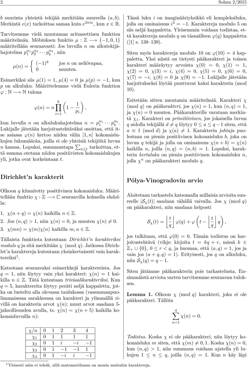 Esimrkiksi siis µ(1 1, µ(4 0 ja µ(p 1, kun p on alkuluku. Määrittlmm vilä Eulrin funktion ϕ : N N tulona ϕ(n n k i1 (1 1pi, kun luvulla n on alkulukuhajotlma n p α1 1 pα k k.