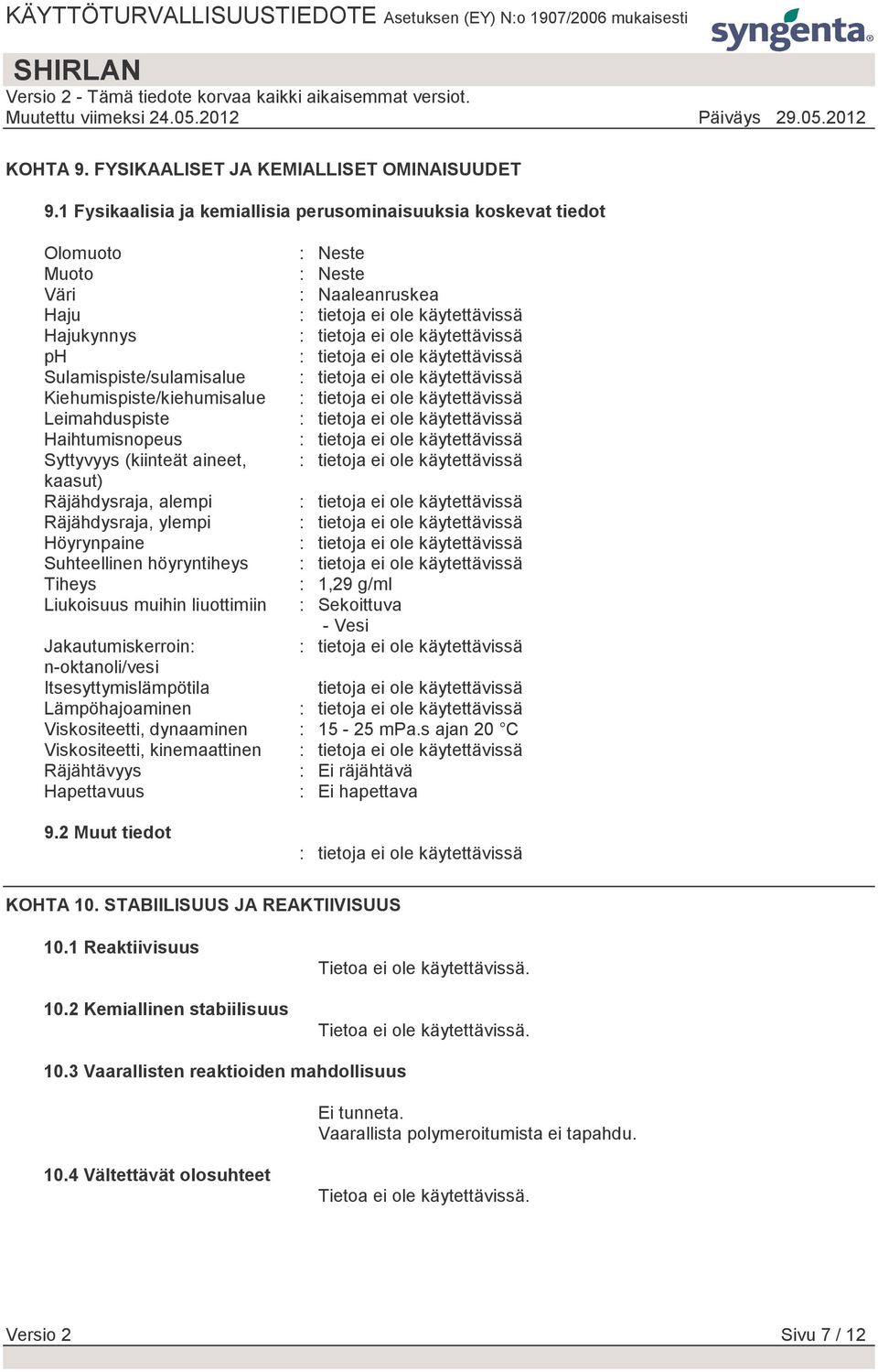 Leimahduspiste Haihtumisnopeus Syttyvyys (kiinteät aineet, kaasut) Räjähdysraja, alempi Räjähdysraja, ylempi Höyrynpaine Suhteellinen höyryntiheys Tiheys : 1,29 g/ml Liukoisuus muihin liuottimiin :