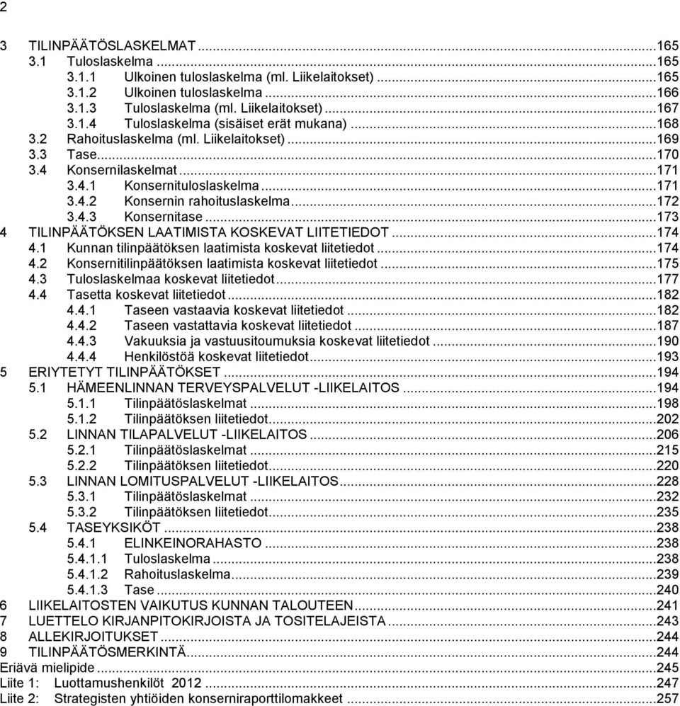 .. 172 3.4.3 Konsernitase... 173 4 TILINPÄÄTÖKSEN LAATIMISTA KOSKEVAT LIITETIEDOT... 174 4.1 Kunnan tilinpäätöksen laatimista koskevat liitetiedot... 174 4.2 Konsernitilinpäätöksen laatimista koskevat liitetiedot.