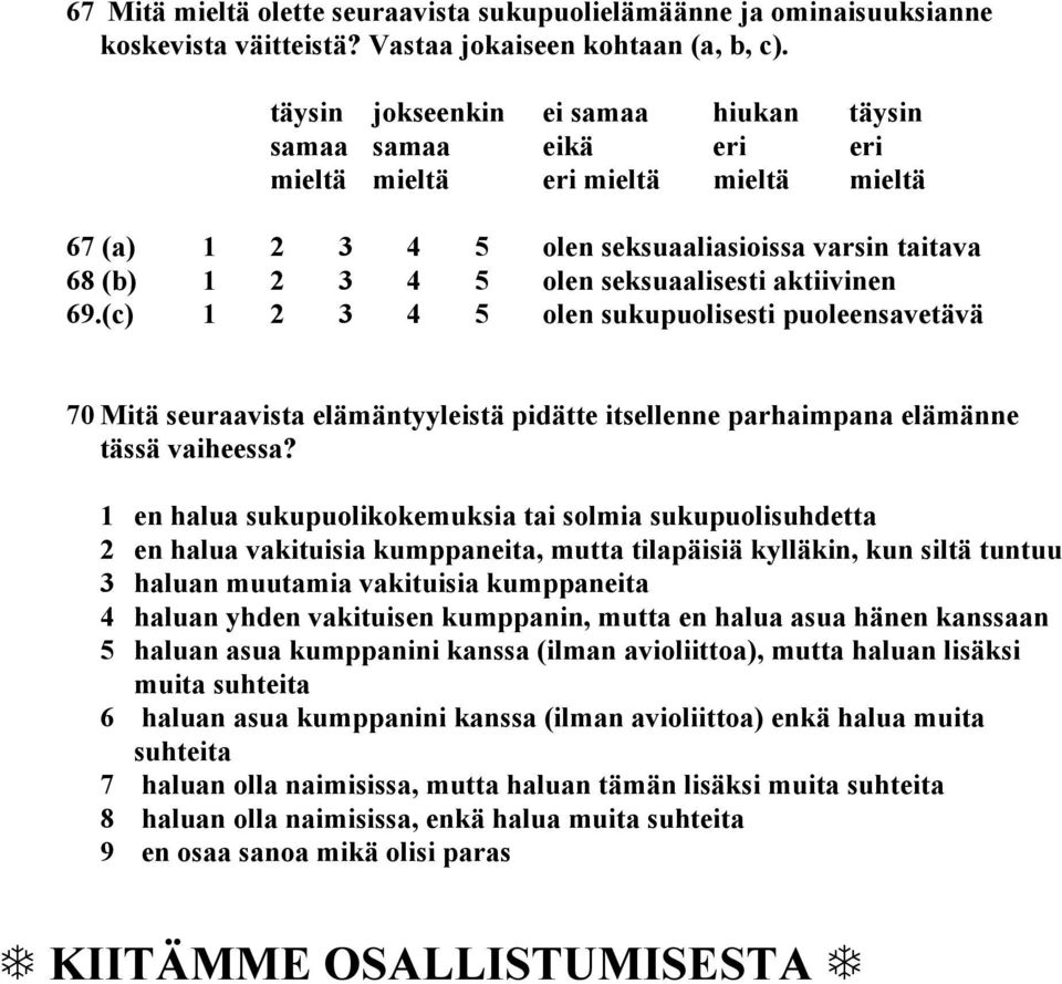 aktiivinen 69.(c) 1 2 3 4 5 olen sukupuolisesti puoleensavetävä 70 Mitä seuraavista elämäntyyleistä pidätte itsellenne parhaimpana elämänne tässä vaiheessa?