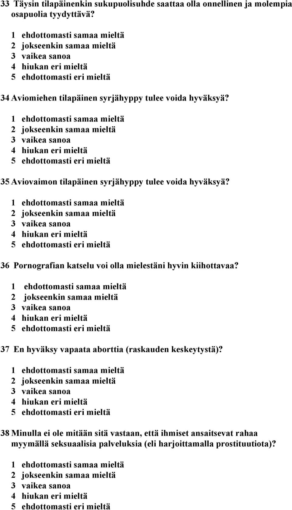 36 Pornografian katselu voi olla mielestäni hyvin kiihottavaa? 37 En hyväksy vapaata aborttia (raskauden keskeytystä)?