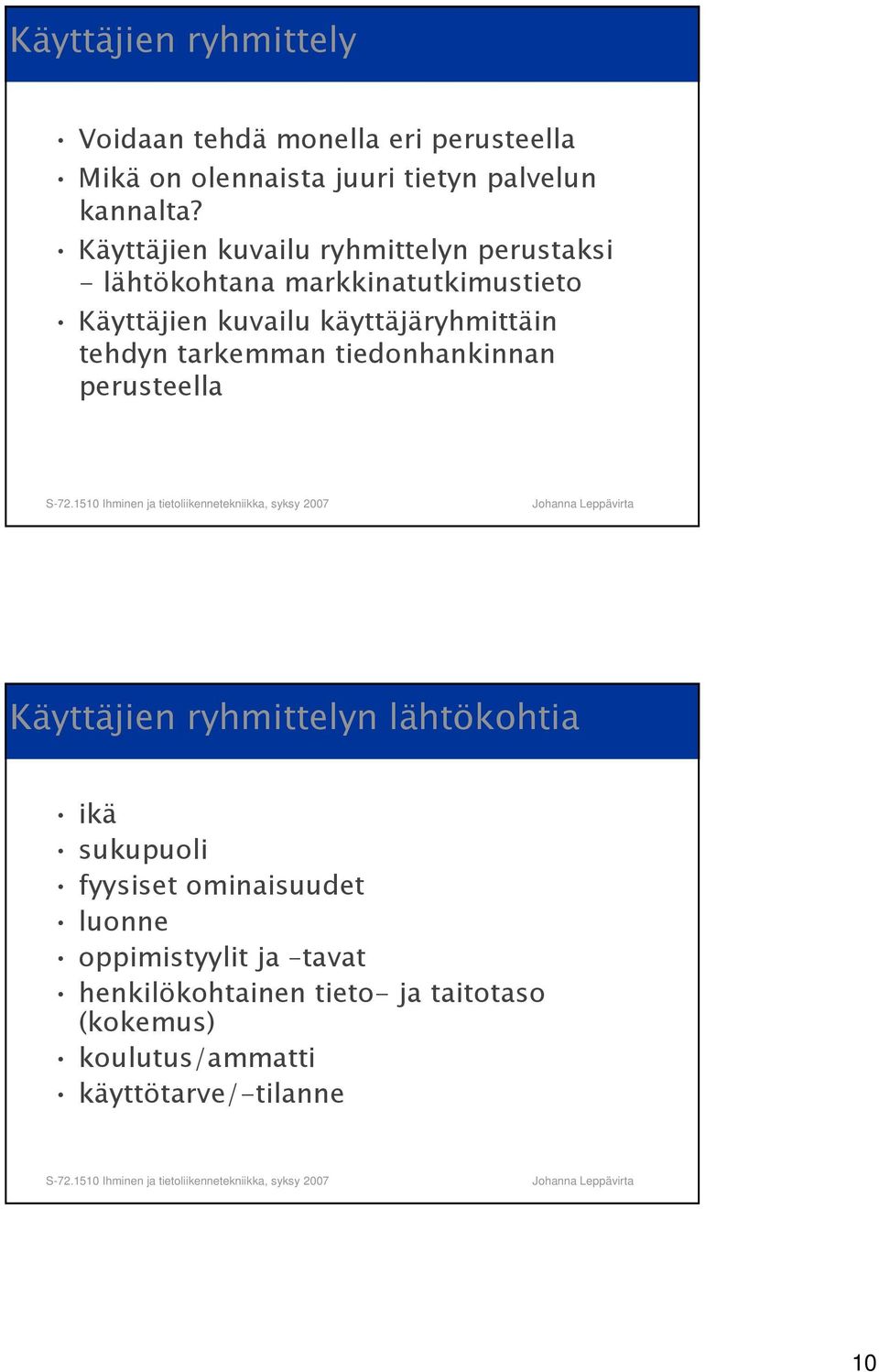 käyttäjäryhmittäin tehdyn tarkemman tiedonhankinnan perusteella Käyttäjien ryhmittelyn lähtökohtia ikä sukupuoli