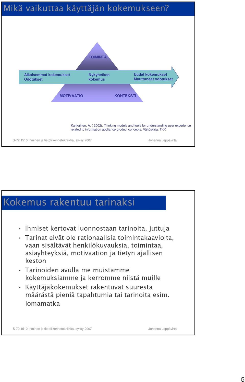 TKK Kokemus rakentuu tarinaksi Ihmiset kertovat luonnostaan tarinoita, juttuja Tarinat eivät ole rationaalisia toimintakaavioita, vaan sisältävät henkilökuvauksia, toimintaa,