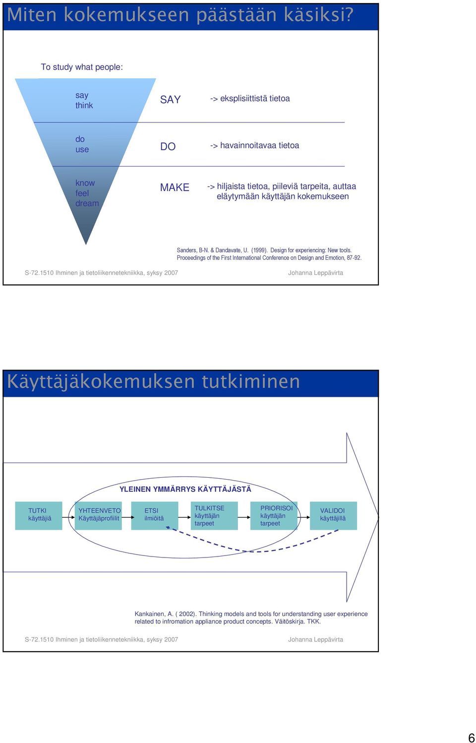 käyttäjän kokemukseen Sanders, B-N. & Dandavate, U. (1999). Design for experiencing: New tools. Proceedings of the First International Conference on Design and Emotion, 87-92.