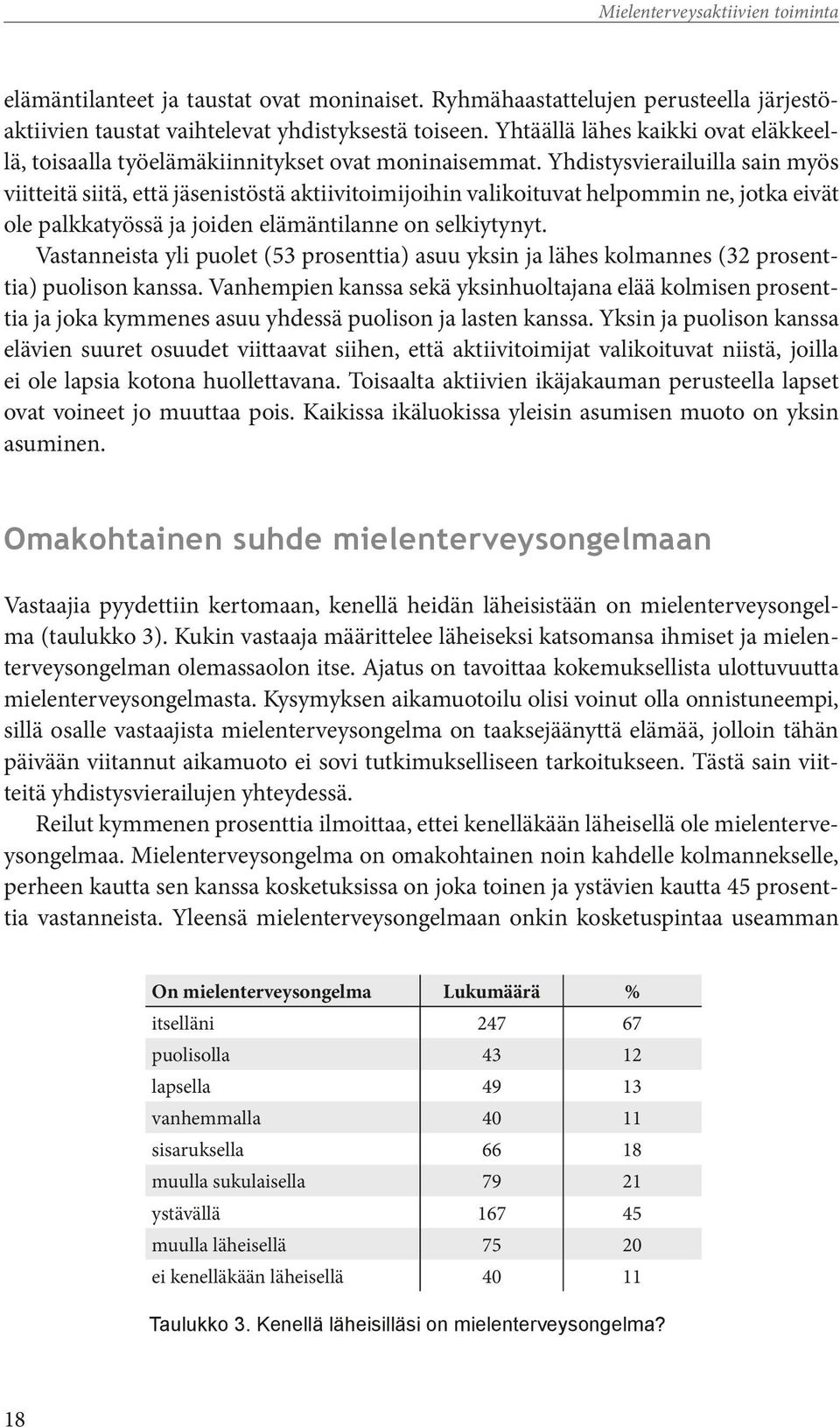 Yhdistysvierailuilla sain myös viitteitä siitä, että jäsenistöstä aktiivitoimijoihin valikoituvat helpommin ne, jotka eivät ole palkkatyössä ja joiden elämäntilanne on selkiytynyt.