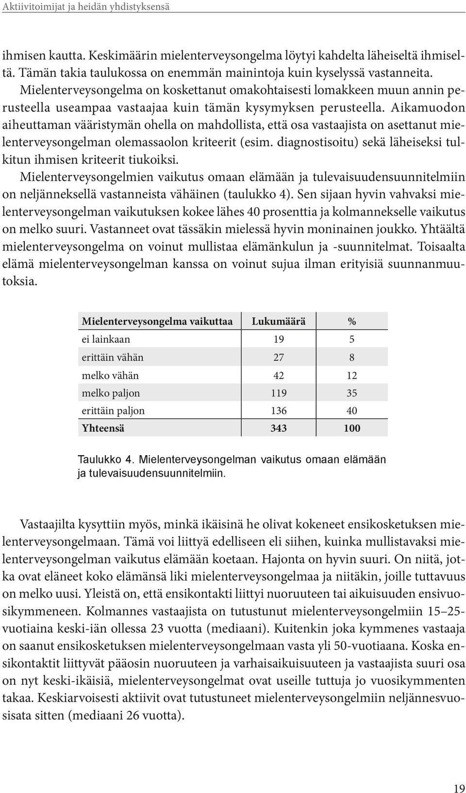 Aikamuodon aiheuttaman vääristymän ohella on mahdollista, että osa vastaajista on asettanut mielenterveysongelman olemassaolon kriteerit (esim.