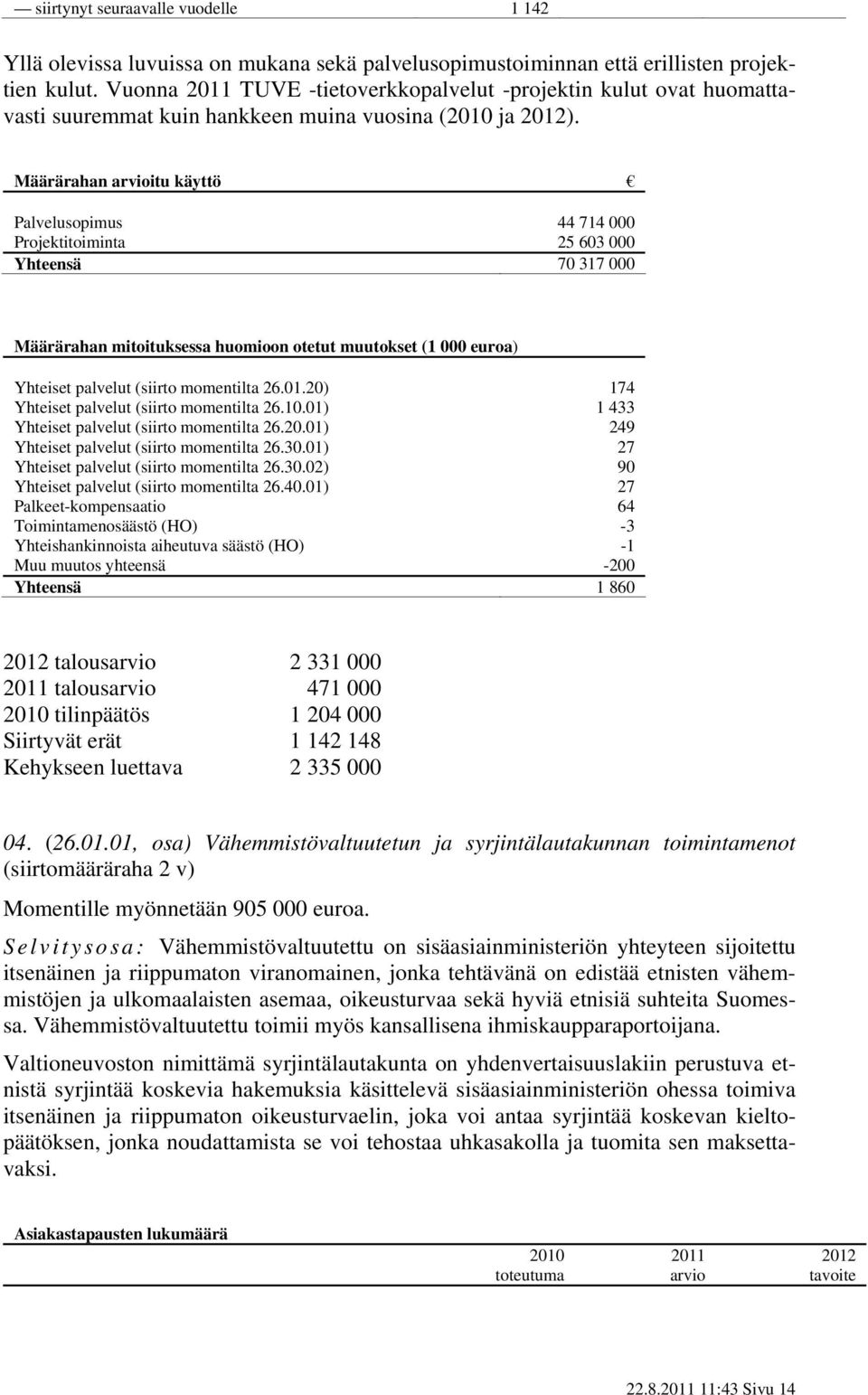 Määrärahan arvioitu käyttö Palvelusopimus 44 714 000 Projektitoiminta 25 603 000 Yhteensä 70 317 000 Määrärahan mitoituksessa huomioon otetut muutokset (1 000 euroa) Yhteiset palvelut (siirto