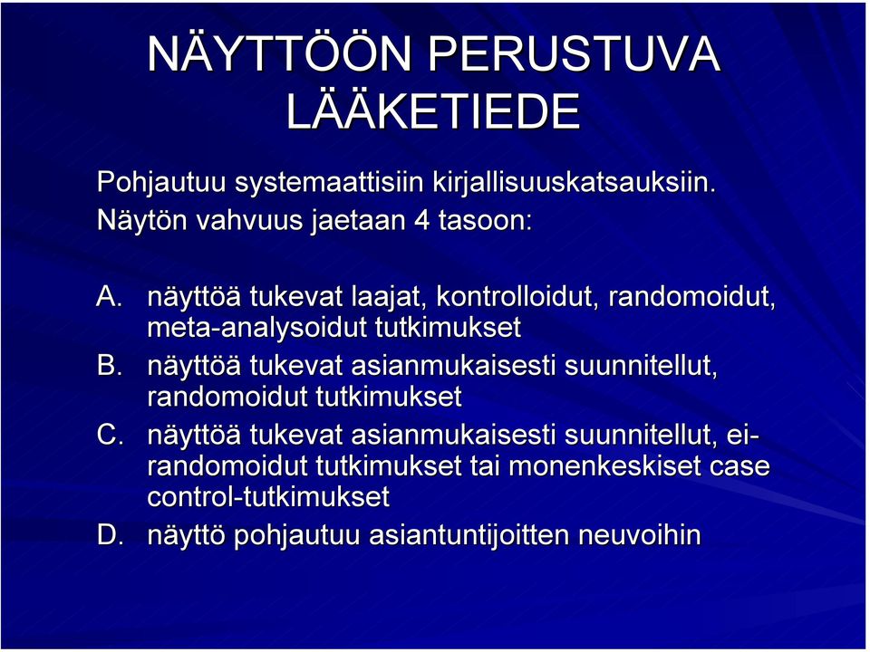 näyttöä tukevat asianmukaisesti suunnitellut, randomoidut tutkimukset C.