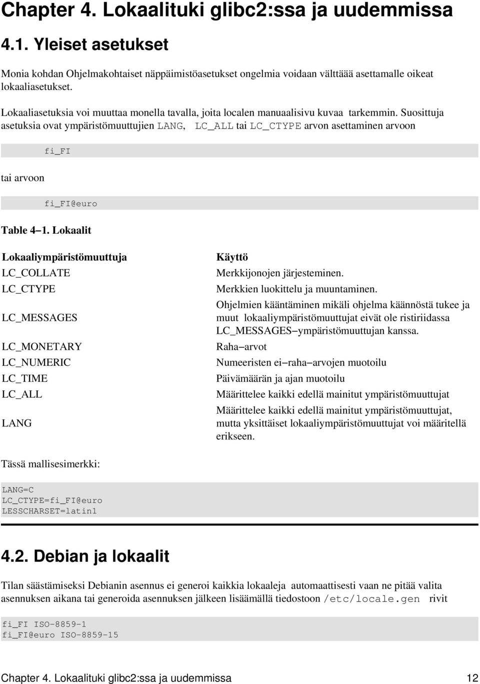 Suosittuja asetuksia ovat ympäristömuuttujien LANG, LC_ALL tai LC_CTYPE arvon asettaminen arvoon fi_fi tai arvoon fi_fi@euro Table 4 1.