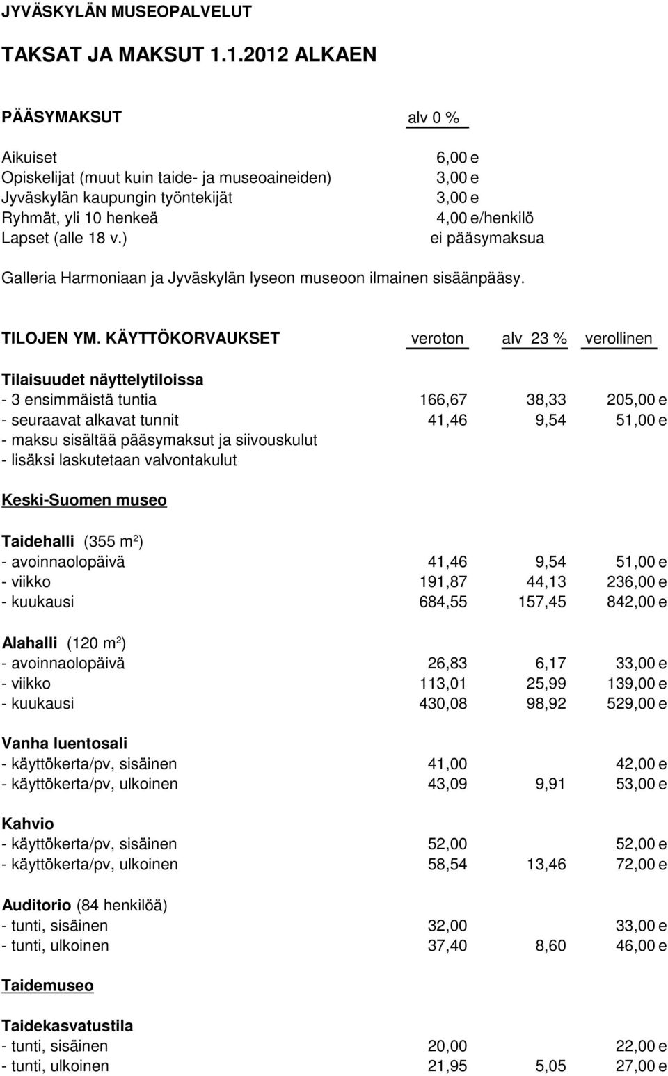 ) ei pääsymaksua Galleria Harmoniaan ja Jyväskylän lyseon museoon ilmainen sisäänpääsy. TILOJEN YM.