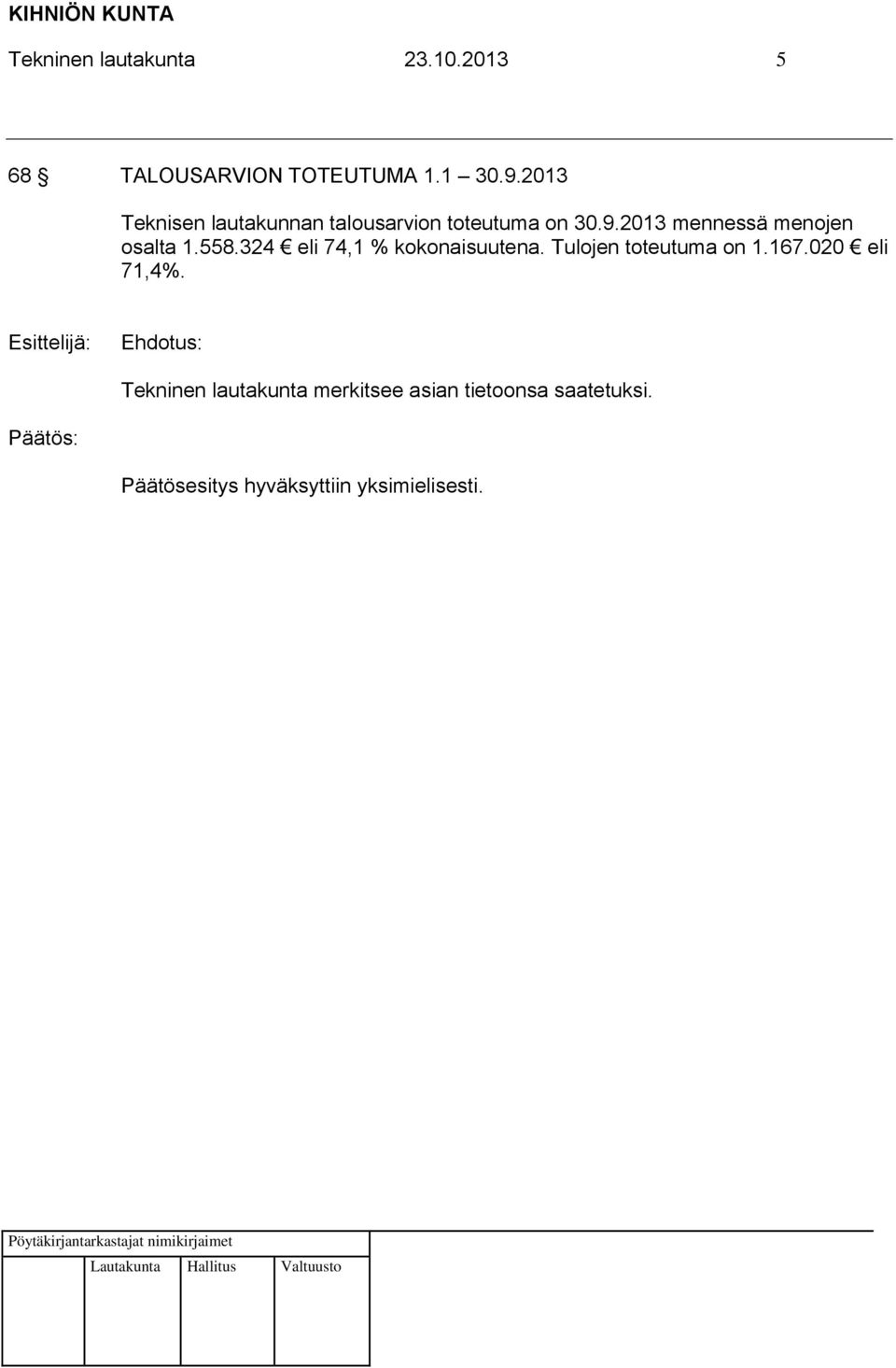 2013 mennessä menojen osalta 1.558.324 eli 74,1 % kokonaisuutena.