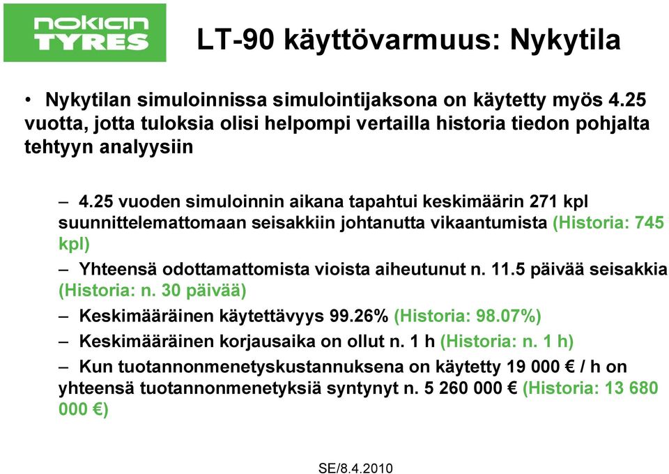 25 vuoden simuloinnin aikana tapahtui keskimäärin 271 kpl suunnittelemattomaan seisakkiin johtanutta vikaantumista (Historia: 745 kpl) Yhteensä odottamattomista