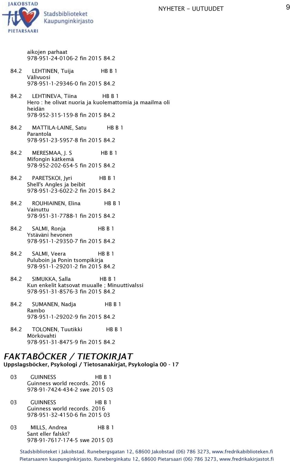 2 84.2 ROUHIAINEN, Elina HB B 1 Vainuttu 978-951-31-7788-1 fin 2015 84.2 84.2 SALMI, Ronja HB B 1 Ystäväni hevonen 978-951-1-29350-7 fin 2015 84.2 84.2 SALMI, Veera HB B 1 Puluboin ja Ponin tsompikirja 978-951-1-29201-2 fin 2015 84.