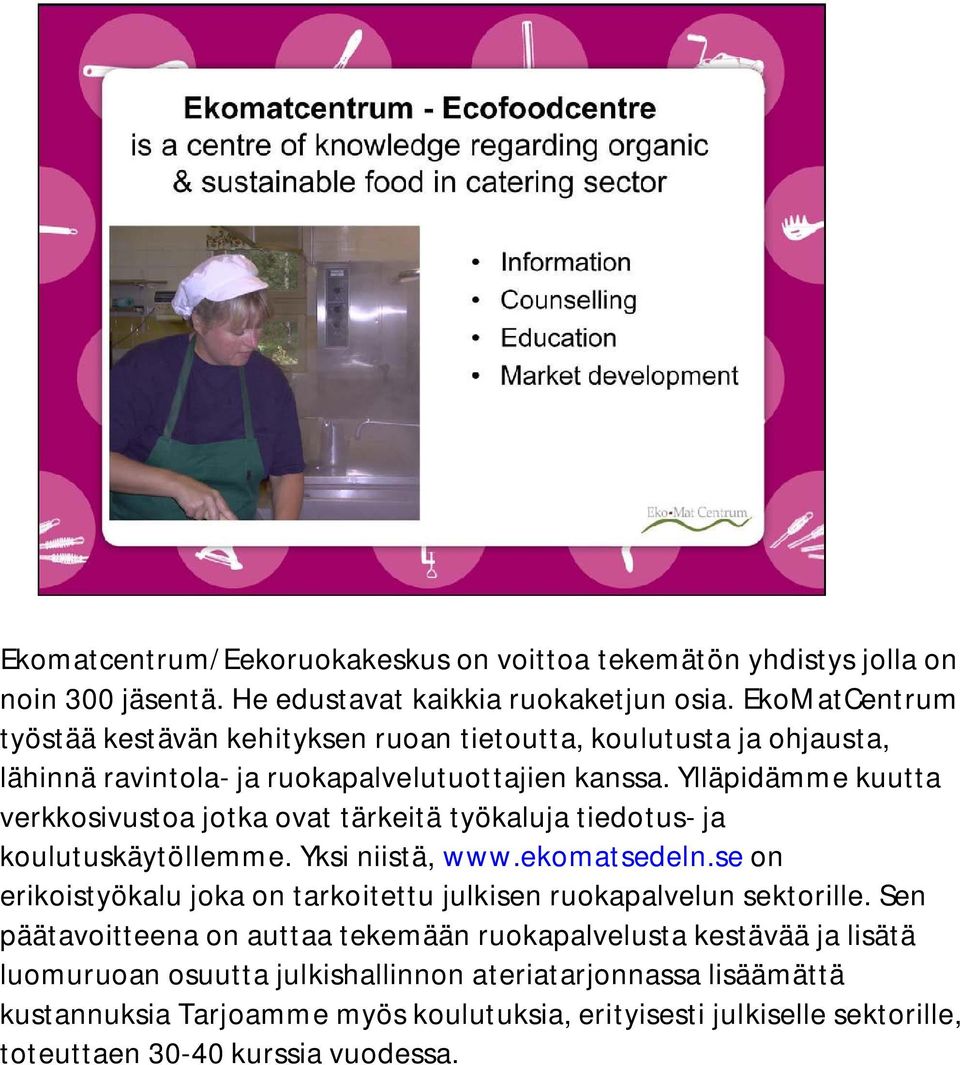 Ylläpidämme kuutta verkkosivustoa jotka ovat tärkeitä työkaluja tiedotus- ja koulutuskäytöllemme. Yksi niistä, www.ekomatsedeln.