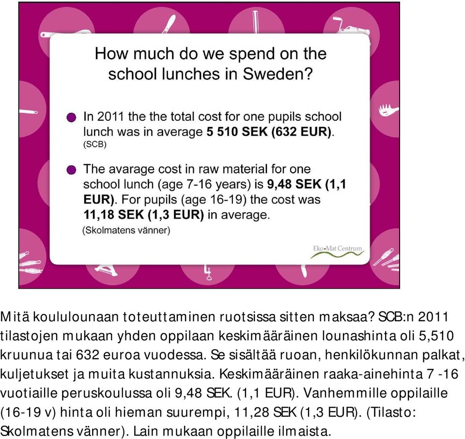 Se sisältää ruoan, henkilökunnan palkat, kuljetukset ja muita kustannuksia.