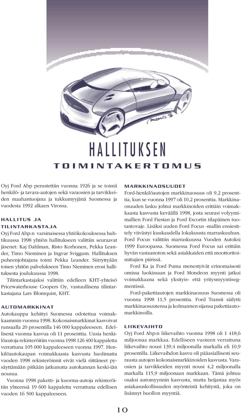 HALLITUS JA TILINTARKASTAJA Oyj Ford Abp:n varsinaisessa yhtiökokouksessa huhtikuussa 1998 yhtiön hallitukseen valittiin seuraavat jäsenet: Kaj Dahlman, Risto Korhonen, Pekka Leander, Timo Nieminen