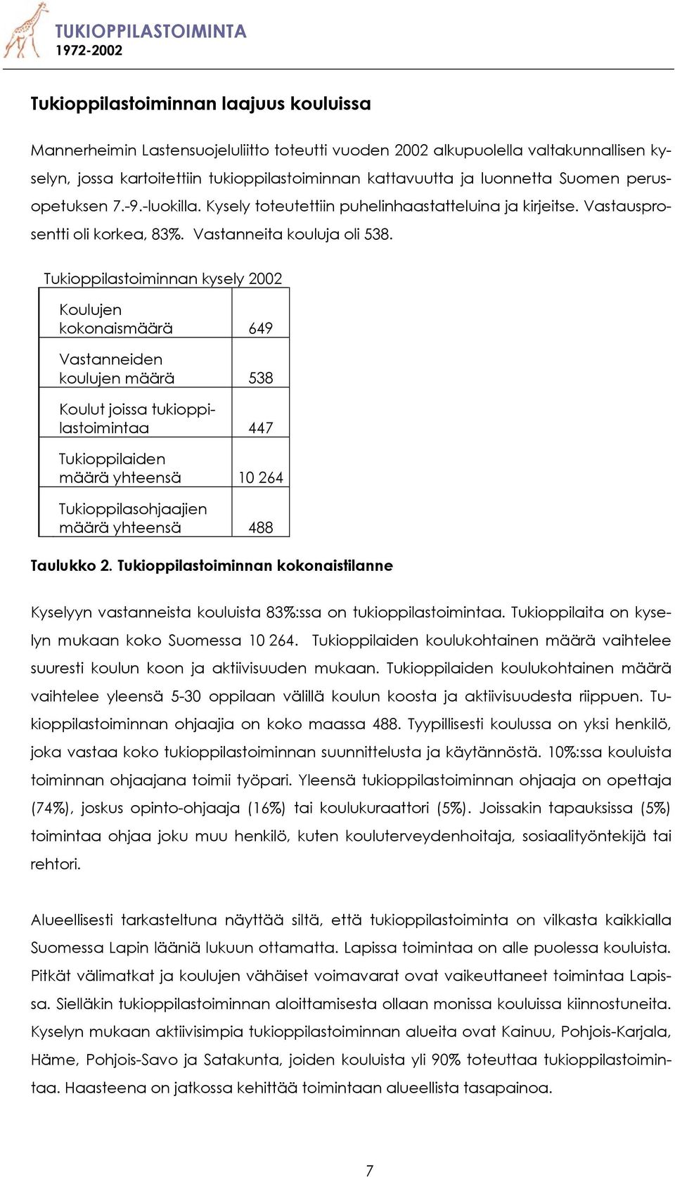 Tukioppilastoiminnan kysely 2002 Koulujen kokonaismäärä 649 Vastanneiden koulujen määrä 538 Koulut joissa tukioppilastoimintaa 447 Tukioppilaiden määrä yhteensä 10 264 Tukioppilasohjaajien määrä